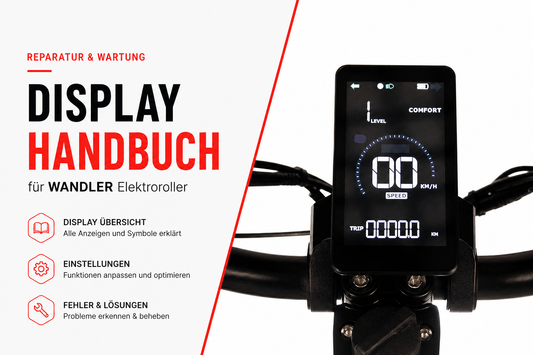 Display Handbuch für WANDLER Elektroroller: Übersicht des Anzeigebereichs, enthält Informationen zu Geschwindigkeit, Fahrzeit und Akku.