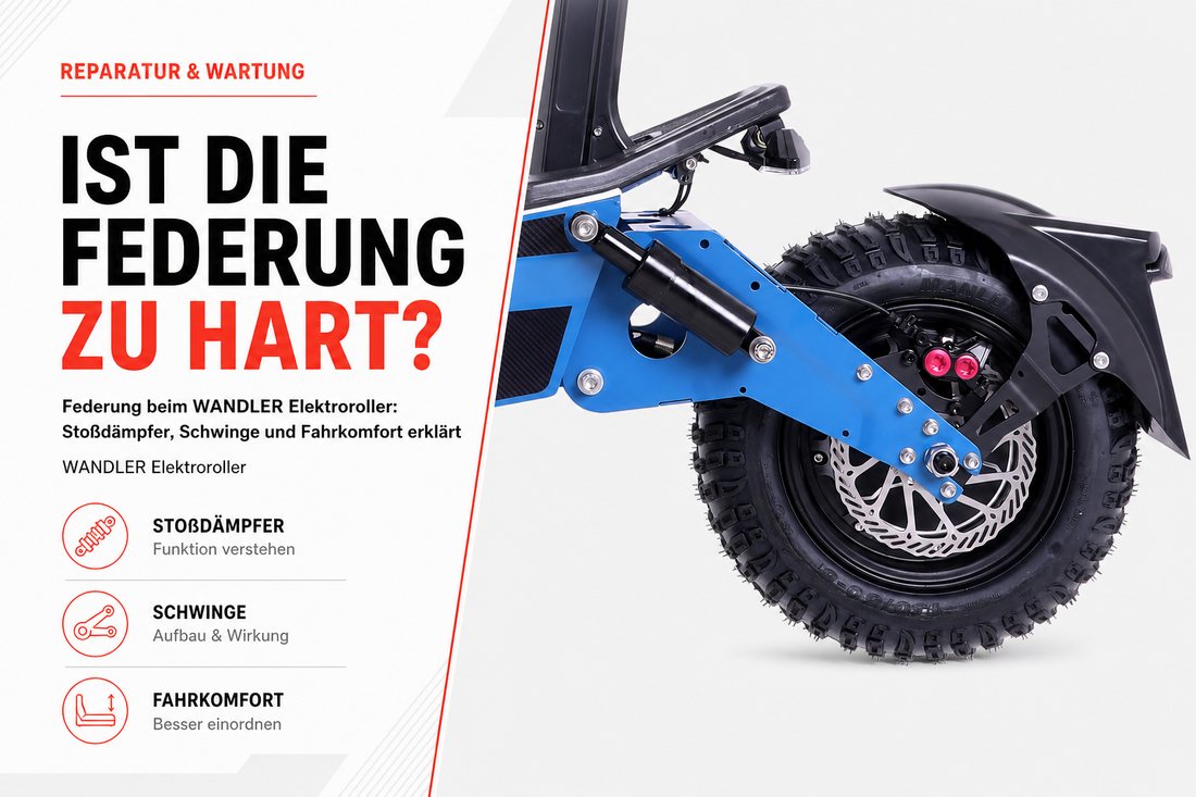 Federung beim WANDLER Elektroroller: Anschauliche Darstellung der hinteren Federung und Schwingenaufnahme für verbesserten Fahrkomfort.