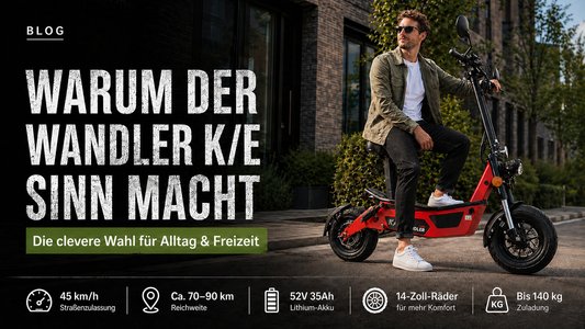 WANDLER K/E Elektroroller: Robuster Alltagspartner mit stabilen 14-Zoll-Rädern, ideal für Stadt, Pendeln und Camping.